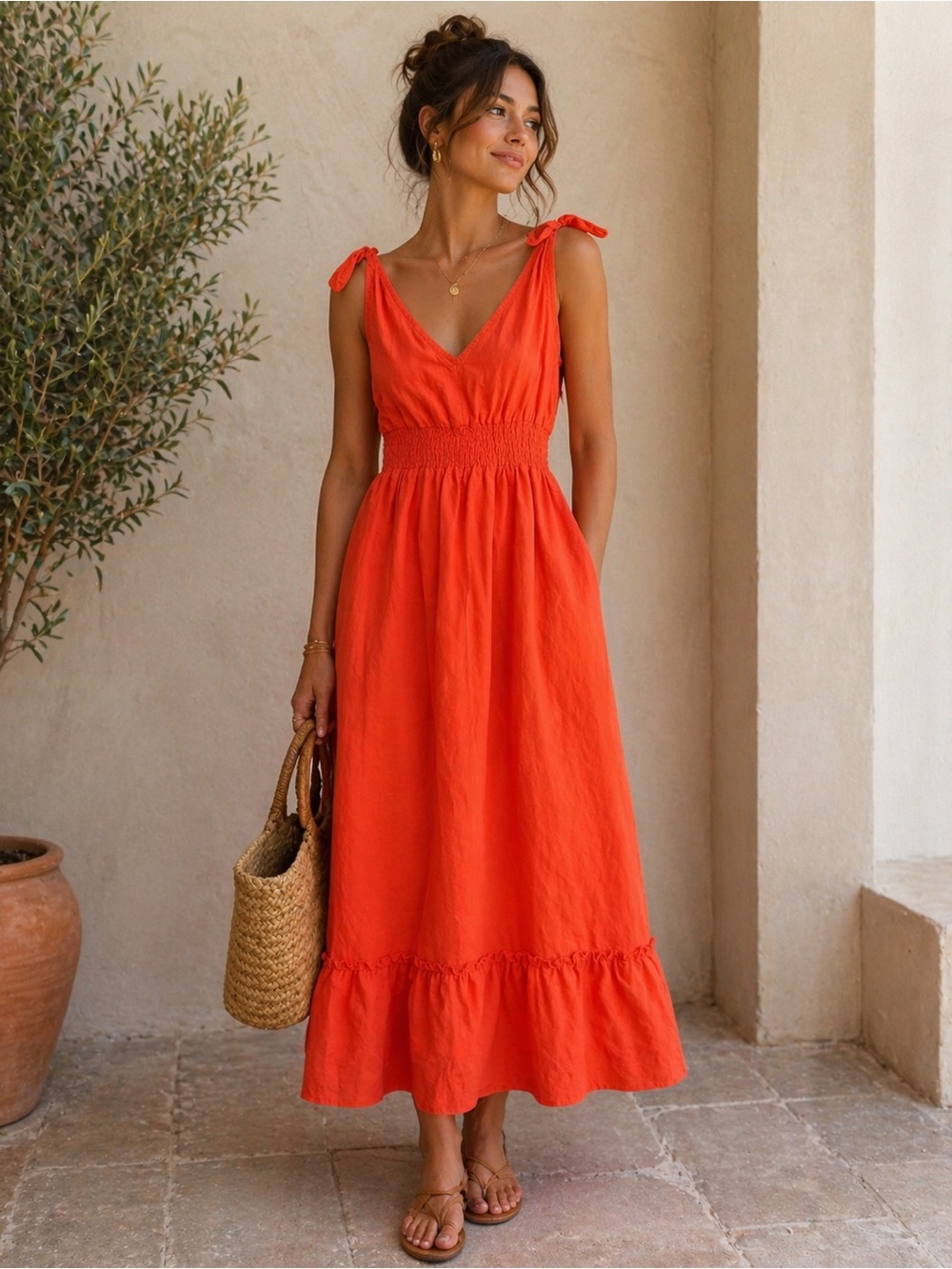 Deluc Linen Blend Women's Tie-Shoulder Orange Sleeveless Maxi Dress size Small